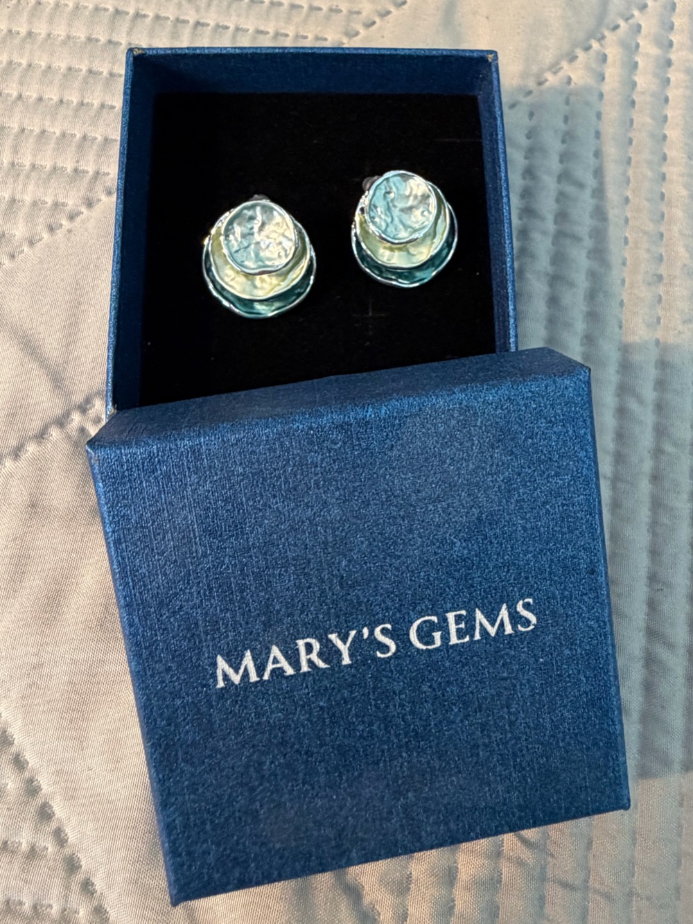 Silver-Tone Blue Floral Disc Earrings